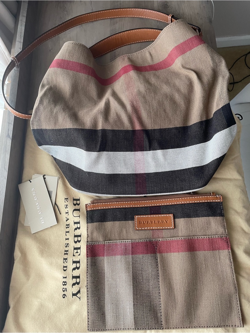 Authentic Burberry Brown Canvas Susanna Hobo Bag w/ Dusty Bag & detachable Pouch